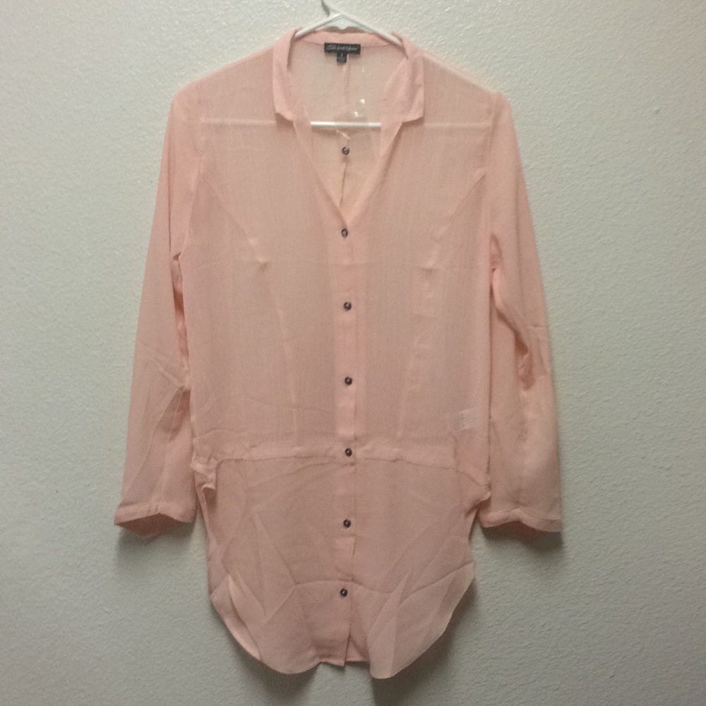 *NWOT* cute woven peachy pink long sleeve top S